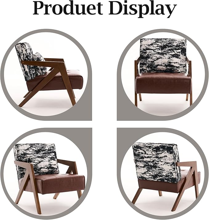 Mid-Century Modern Accent Chair with Solid Wood Frame，Upholstered Leather Living Room Arm Chairs with Pillow for Bedroom, Living Room, Balcony， Reading Room, Brown