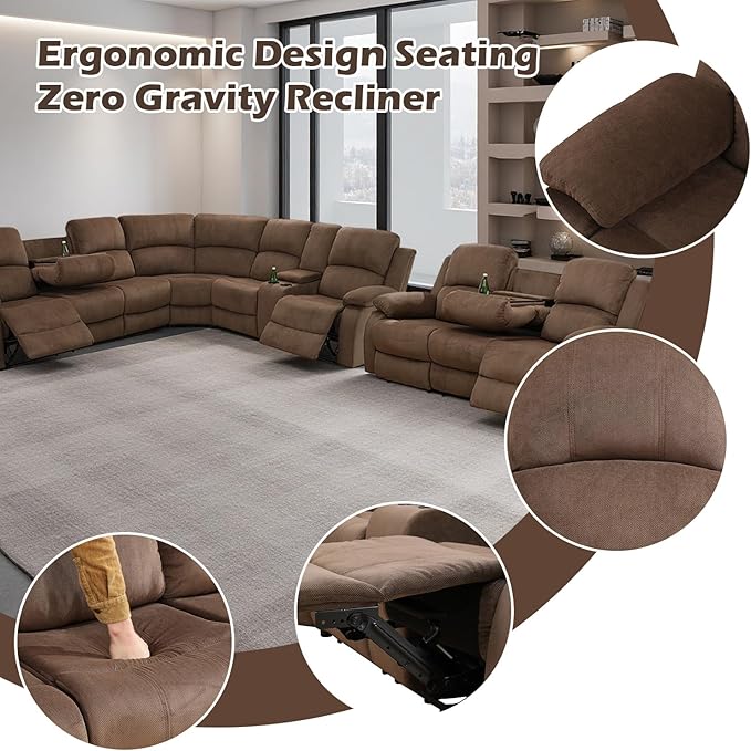 SIENWIEY Manual Recliner Sectional Sofa for Living Room,L Shaped Reclining Sectional Corner Couch with Sofa,Brown Fabric Recliner Sofa Set with Storage Console/Drop Down Coffee Table/Cup Holders