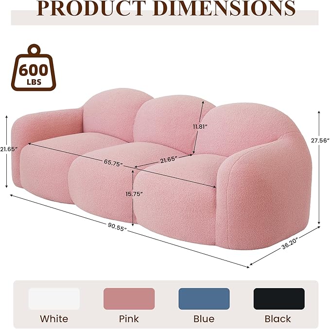 WJShome 90" Boneless Cloud Couch, Modern Curved Upholstered Boucle Sofa, Deep Seat Cozy 3 Seater Sofa, Plush Teddy Velvet Couches for Living Room, Bedroom, Apartment (Pink)