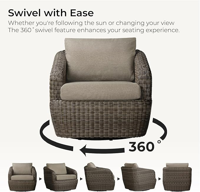 CHITA 2 Pieces Patio Wicker 360° Swivel Chairs with Removable Cushion, Backyard Rattan Chair for Sunrooms, Patios, Decks, Fully Assembled(Gray Cushions with Brownish Gray Wicker)