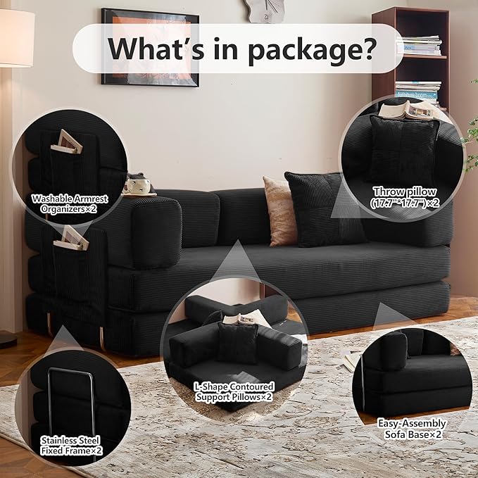 LIAROO 78.8" Convertible Sofa Bed - Compression Sofa with Corduroy Fabric - with Armrests and Backrest - Modular Sectional for Living Room, Bedroom, Studio - Compression Sofa in Box (Black)
