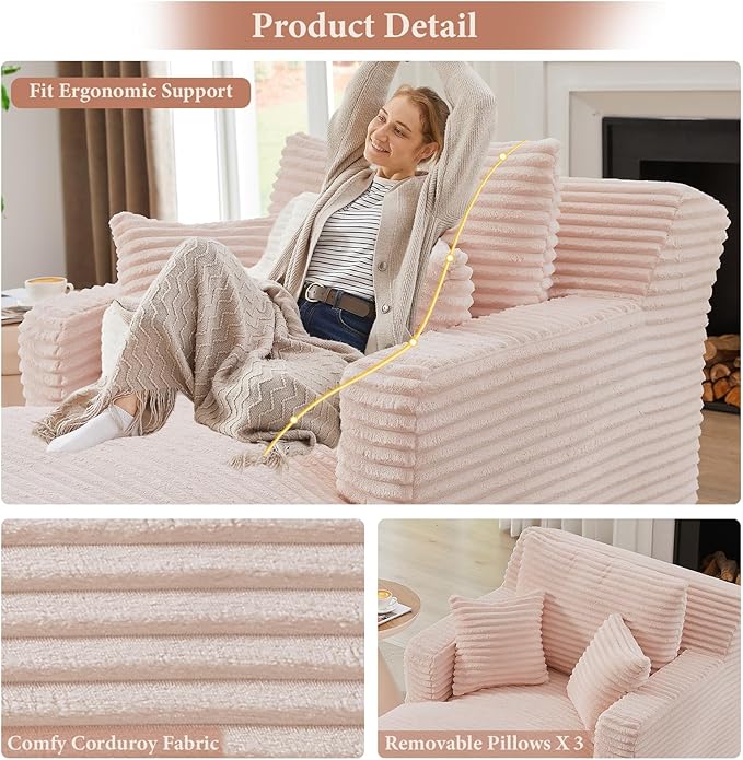 VEPXXP 65.4" Chaise Lounge Chair Indoor, Oversized Boneless Couch Comfy Upholstered Sleeper Sofa Bed with 3 Pillows, Corduroy Cloud Reading Chair for Living Room No Assembly Required, Pink