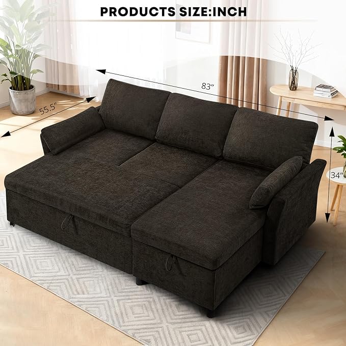 ACMEASE 83 Inches Fabric Sectional Sofa with Pull Out Sofa Bed, Modern L Shaped Sofa with Throw Pillows, Comfortable Sleeper Couch with Storage Chaise for Living Room, Brown