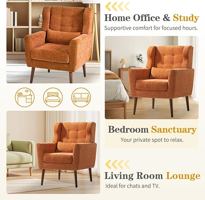 QKFF Accent Chair Set of 2, Upholstered Armchair with Pillow, Fabric Single Sofa Chair with Lounge Seat and Wood Legs Accent Chair for Living Room Small Spaces (Orange, Set of 2)