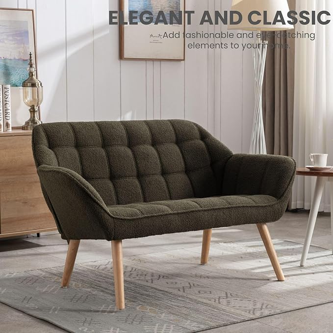 48" Green Small Loveseat Sofa, Comfy Faux Fur 2-Seat Love Seat with Wood Legs, Modern Tufted Wingback Upholstered Sofa Couch for Small Space Living Room Bedroom Apartment