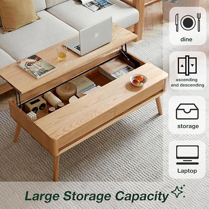 Lift Top Coffee Table with Storage - 100% Solid Oak Wood Lift Coffee Table - 39 Inch Wooden Coffee Table for Living,Dining and Working