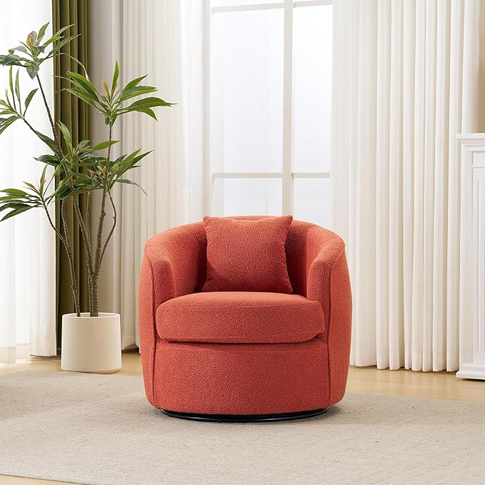 FaFaSoGoodFa Swivel Accent Chair, Modern Upholstered Boucle Barrel Arm Chairs with Pillow for Living Room, 360 Degree Round Swivel Sherpa Armchair with Round Base for Bedroom Club (1, Orange)