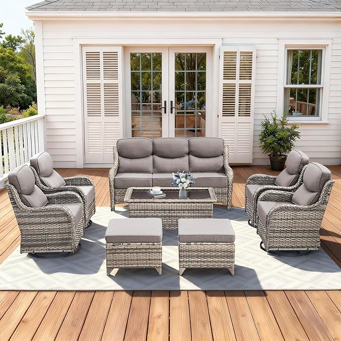 Pugire Luxury High Back Patio Furniture Set with 6-Inch Thick Cushions, 8-Pieces Outdoor Furniture with Swivel Chairs, Wicker Conversation Set for Porch, Balcony, Deck and Yard, Grey