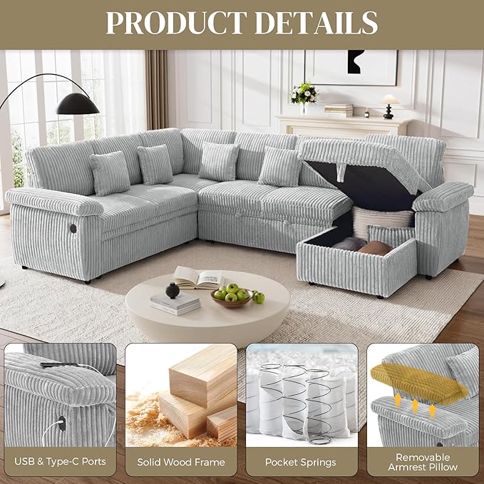Modular Sectional Sleeper Sofa with Pull Out Bed, Storage Chaise & USB Charging, U Shaped Plush Corduroy Sectional Couches for Living Room, Comfy Convertible 7 Seat Cloud Sofa Bed, Light Grey