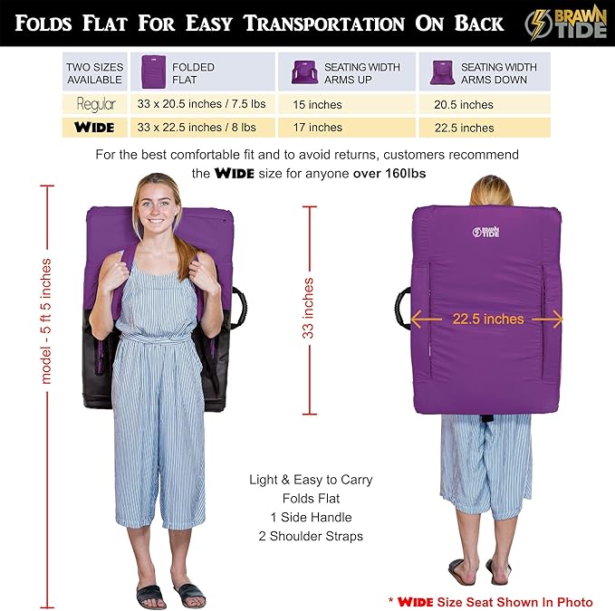 BRAWNTIDE Stadium Seat with Back Support - Comfy Cushion, Thick Padding, 2 Steel Bleacher Hooks, 4 Pockets, 2 Cup Holders, Reclining Back, Ideal Chair for Sport Events, Beaches, Camping, Concerts