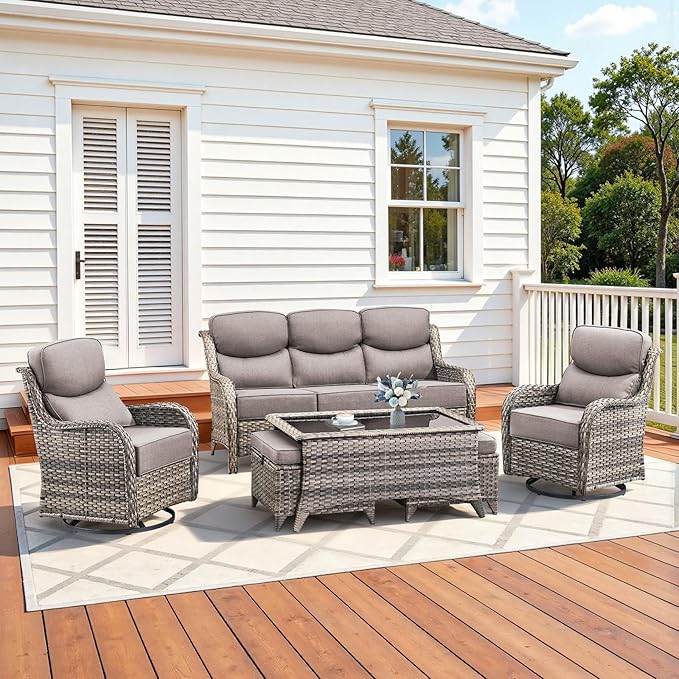 Pugire Luxury High Back Patio Furniture Set with 6-Inch Thick Cushions, 6-Pieces Outdoor Furniture with Swivel Chairs, Wicker Conversation Set for Porch, Balcony, Deck and Yard, Grey