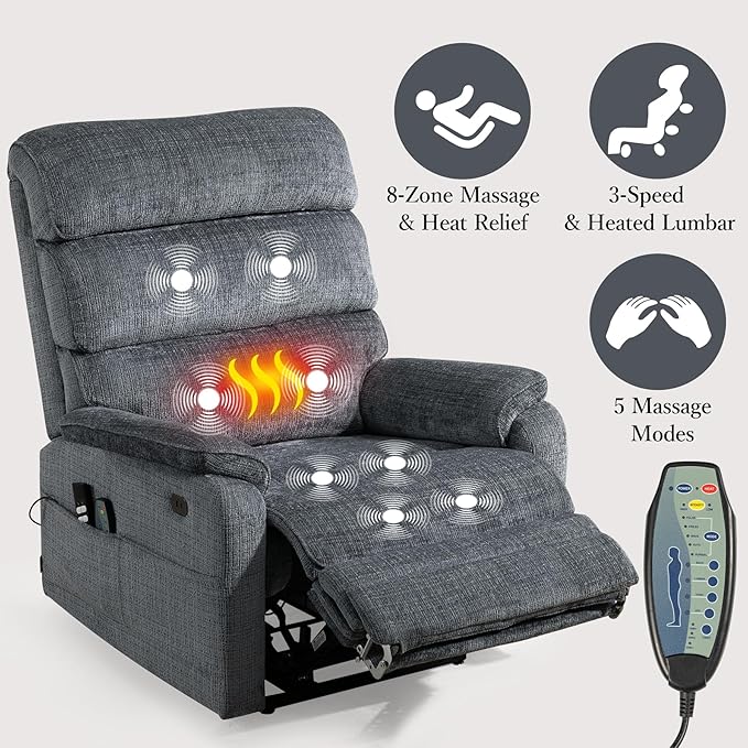 Oversized Power Lift Recliner Chair, Big Tall Man Lay Flat Ergonomic Lounge with Extended Footrest for Elderly People, Single Sofa Heat & Massage. Home Theater Seat, USB&Type-C Port (Chenille, Grey)