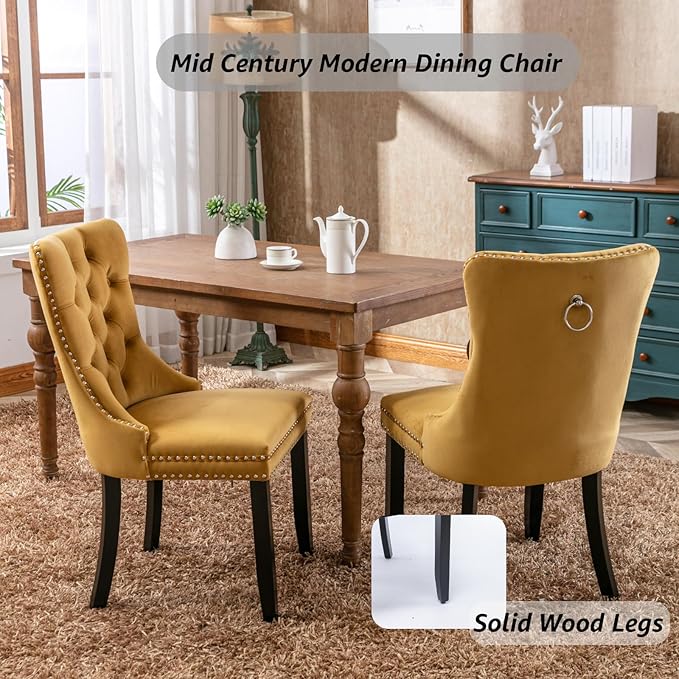 YeahFurn Yellow Mid Century Modern Dining Chairs Set of 2, Velvet Upholstered Kitchen & Dining Room Chairs with Nailhead Trim & Solid Wood Legs, Elegant Sillas De Comedor (Yellow, 2 Pcs)