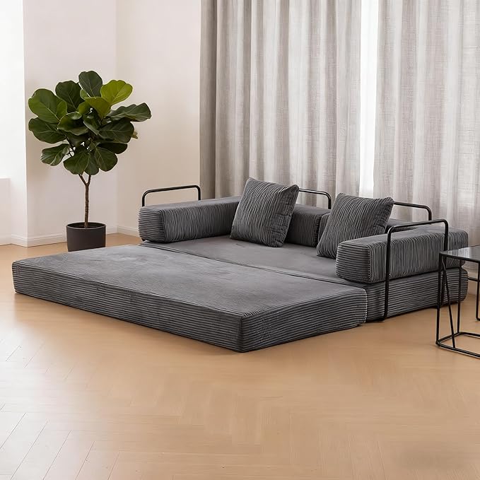 77" Convertible Foldable Floor Couch, 3-Seat Futon Sleeper Sofa for Living Room, Bedroom, or Apartment, with Pillow Backrest and Armrests, Corduroy Fabric, No Assembly Required, Dark Grey