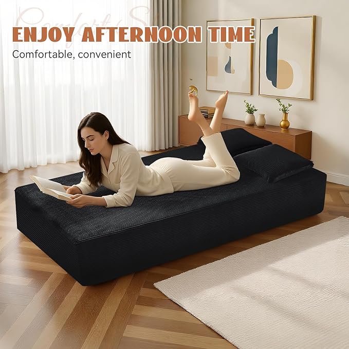 83" Sofa in a Box, 3 Seater Couch No Assembly Boneless Sofa Bed with Cushion Back 2 Matching Pillows Deep Seat Corduroy Fabric Side Storage Pockets for Living Room, Bedroom, Apartment, Office, Black