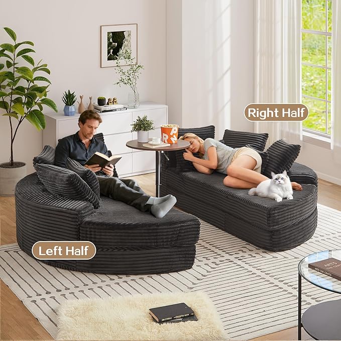Antetek Chaise Lounge Chair Indoor, Convertible Folding Futon Sofa Bed w/ 5 Pillows, Fluffy Corduroy Boneless Compressed Memory Foam Couch for Living Room, Bedroom (Black, Left Half)