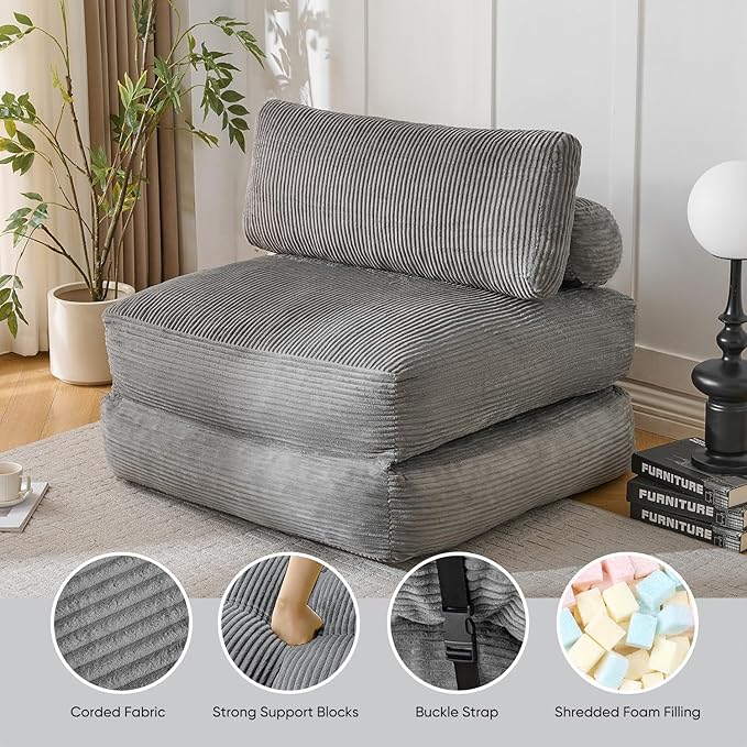 Waxberry Folding Sofa Bed, Convertible Sleeper Chair Couch Bed, Corduroy Upholstered Boneless Sofa for Living Room Bedroom, with Back Support Floor Couch, Dark Grey