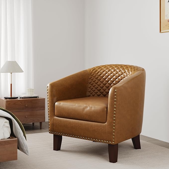 DREAMSIDEA Accent Barrel Chair, Upholstered Faux Leather Club Chair with Nailed Trim, Comfy Reading Armchair for Living Room Bedroom Reception Room Office (Coffee, Set of 1)