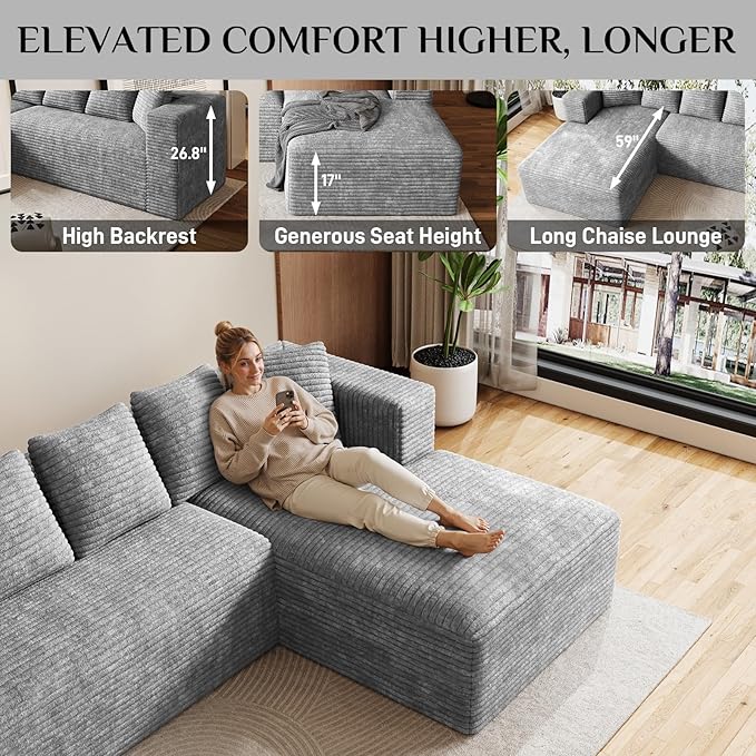 Modular Sectional Sofa, 107" L Shaped Cloud Couch Plush Corduroy Deep Seat Boneless Sofas with 5 Pillows Long Chaise Lounge Couches Memory Foam for Living Room - Grey, Right Facing Chaise