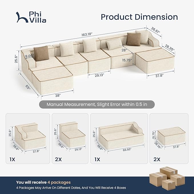 PHI VILLA Cloud Modular Couch, Boneless Sectional Sofa with U-Shaped Chaise, 7-Seater Couches with Movable Ottomans for Living Room, No Assembly Required, Corduroy, Beige