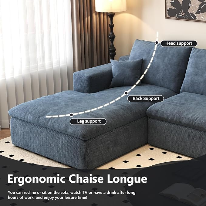 136.6'' U-Shaped Modern Modular Sectional Cloud Couch Whit Ottoman, 4-Seat Chenille Deep-Seat Sofa with Pillow for Living Room, Bedroom, Apartment, Ocean Blue