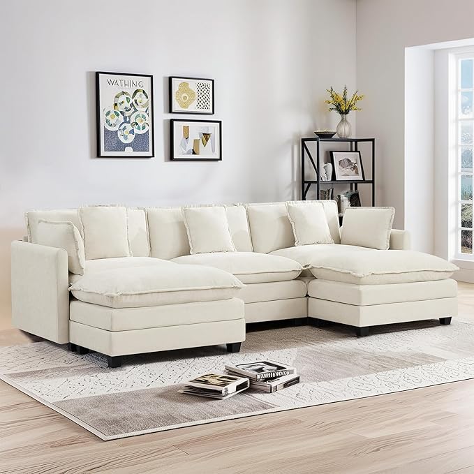 UMBFUN 3-Seater Cloud Couch with 2 Ottomans, Oversized Modular Sectional U Shaped Sofa with Deep Seat Cushions, Comfy Chenille Couch for Living Room, Beige