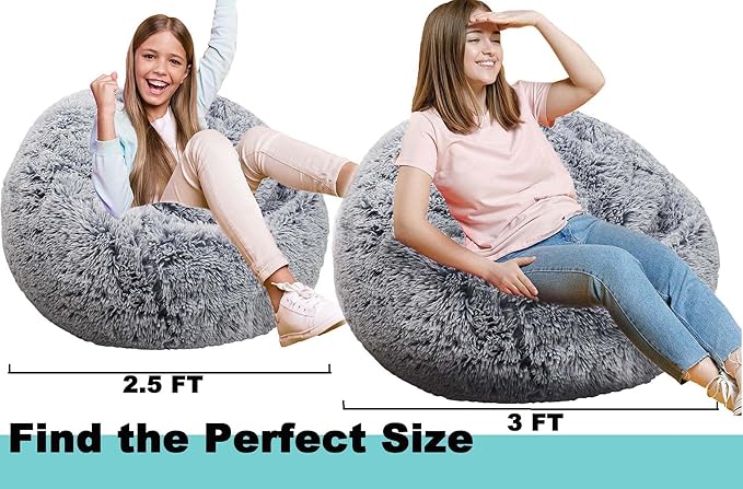 Fluffy Bean Bag Chair for Kids, 2.5FT Round Memory Foam Filled Bean Bag for Teens & Kids, Ultra Soft Faux Fur Fabric Bean Bag Chairs for Playroom, Living Room, Bedroom, Gray