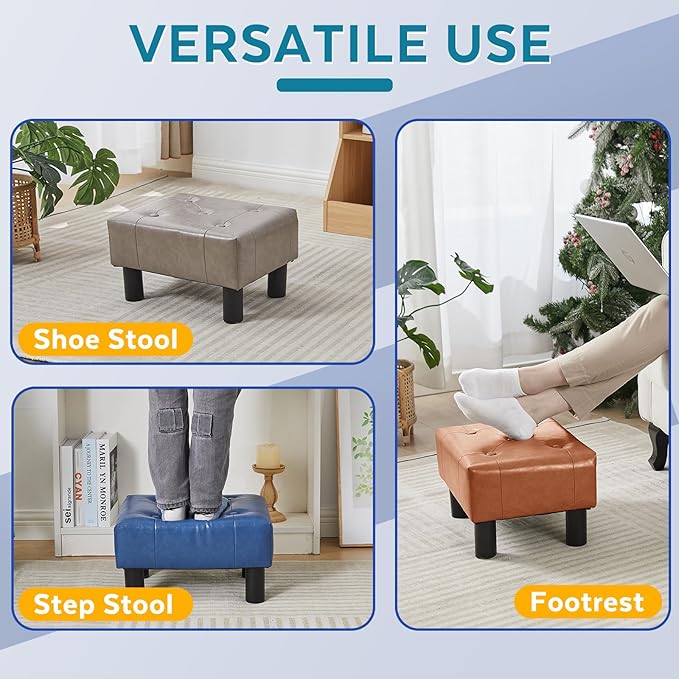 FIMIVIBI Small Foot Stool Ottoman, Faux Leather Footstool Ottoman Foot Rest for Couch, Rectangle Footstools and Ottomans Small for Living Room, Entryway and Bedroom (Bright Brown)