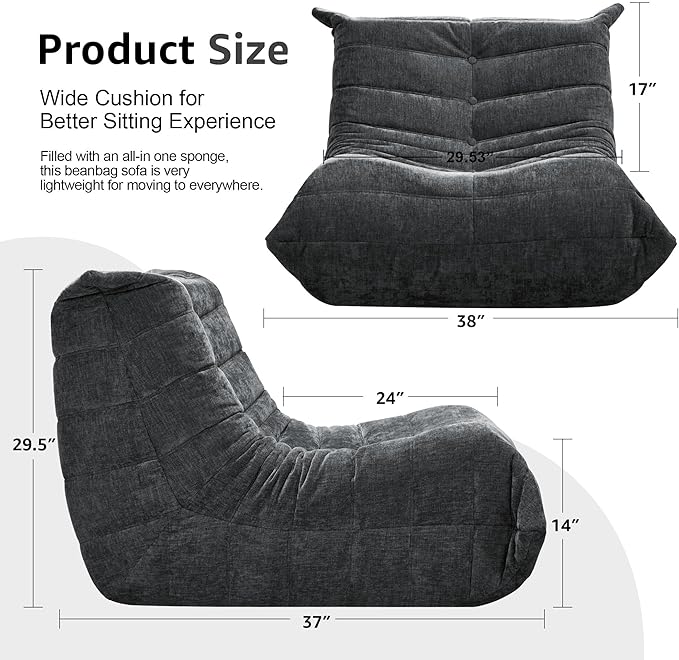 Bean Bag Chairs for Adults Giant Bean Bag Chair Memory Foam BeanBag Chair Bean Bag Sofa with Filler Faux Fur Fireside Beanbags Lazy Sofa for Living Room Bedroom Office (Darkgrey Chenille, Single)