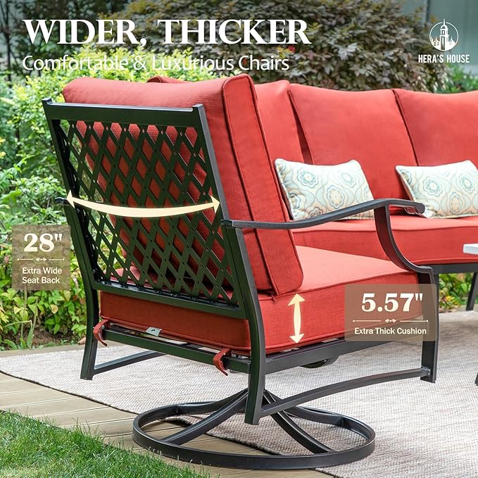 HERA'S HOUSE Outdoor Chairs Set of 2, 2 x Patio Chair with Red Cushions, All Weather Outdoor Furniture for Lawn Garden Backyard Deck(Swivel Chairs)