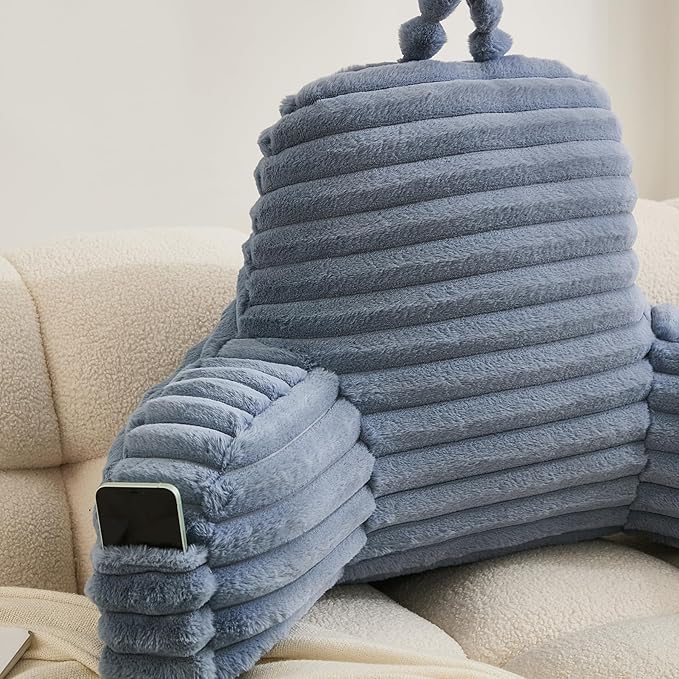 WERDIM Reading Pillow for Sitting in Bed, Faux Fur Back Pillow for Rest, Bed Chair Pillow with Arms and Pockets(XLarge, Dusty Blue)