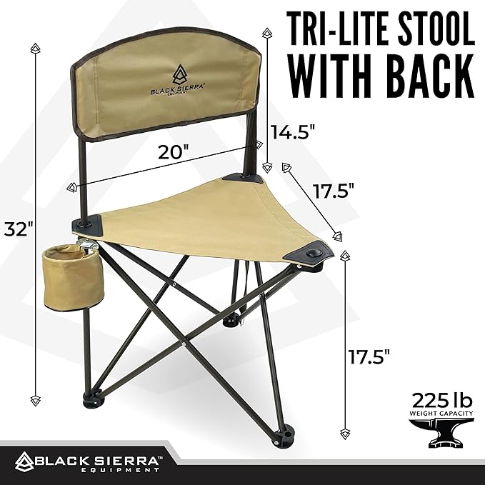 Black Sierra Tri-Lite Stool with Back Lightweight, Folding Chair, for Camping, Hunting, and Fishing, Steel Frame Supports 225 LBS (TAN 2)
