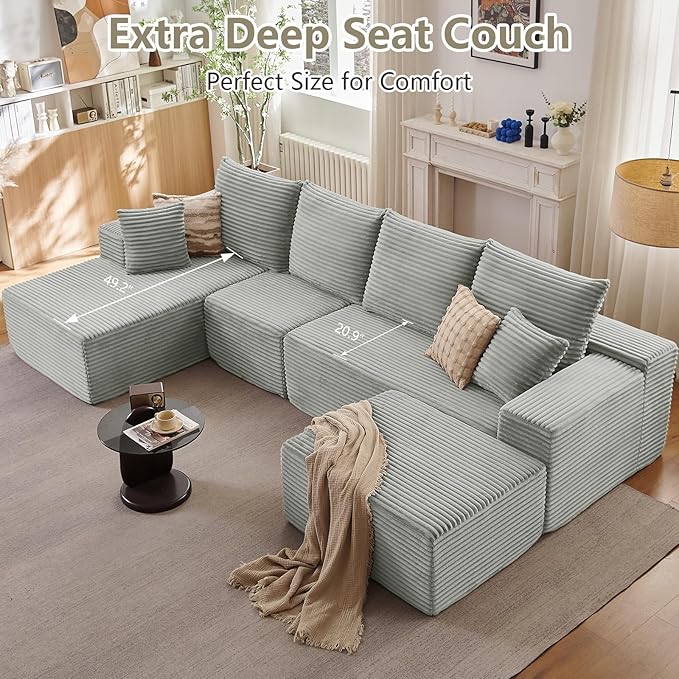Lakifun 135" L-Shape Sofa with Ottoman, Modern Modular Sectional Comfy U-Shape Cloud Couch, Deep Seat, Upholstered Corduroy Sleeper Chaise Longue for Living Room Bedroom, No Assembly Required, Grey