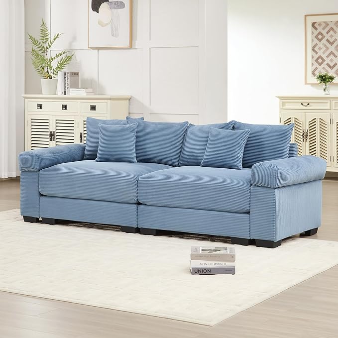 KEIKI 83" Oversized Corduroy Modular Sectional Loveseat Sofa with High-Density Foam Cushions, Extra-Thick Armrest, Upholstered Modern 2-Seater Fluffy Corner Couch with 6 Pillow, for Living Room, Blue