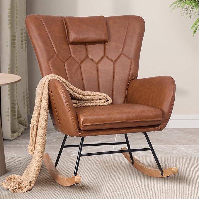 VECELO Rocking Chair Nursery with Thick Headrest, Modern PU Upholstered Reading Glider Rocker Accent Armchair with High Backrest, Padded Seat, Side Pocket, for LivingRoom, Bedroom, Baby Room, Brown