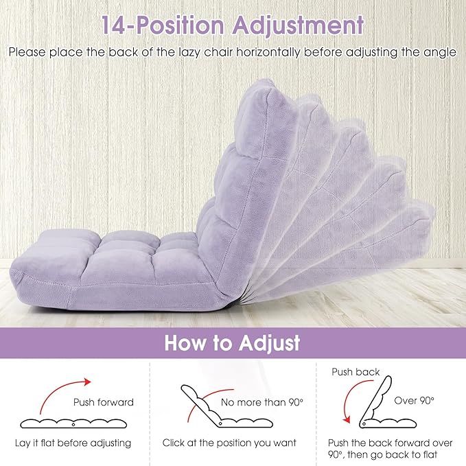 Floor Chair with Back Support, Foldling Gaming Sofa Chair with Comfy Cushion, Adjustable 14-Position Meditation Chairs, Lazy Lounge Recliner Reading Seat for Adults, Kids (Light Purple)