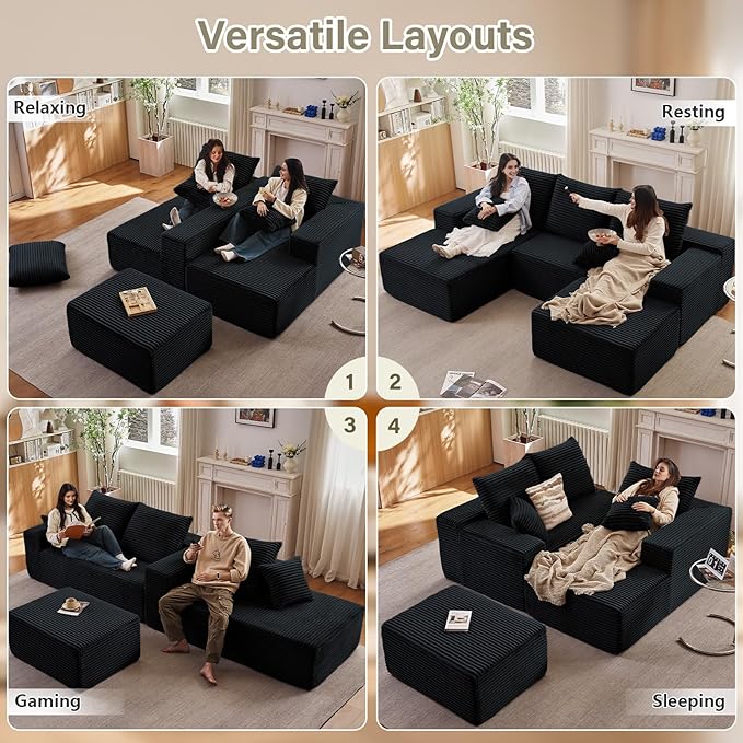 Lakifun 107" L-Shape Sofa with Ottoman, Modern Modular Sectional Comfy U-Shape Cloud Couch, Deep Seat, Upholstered Corduroy Sleeper Chaise Longue for Living Room Bedroom, No Assembly Required, Black