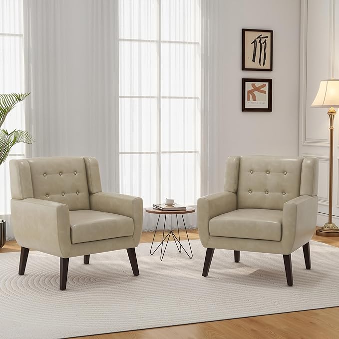 DREAMSIDEA Accent Chair, Mid-Century Modern PU Leather Chairs with Arms for Living Room, Comfy Upholstered Club Single Sofa Armchair