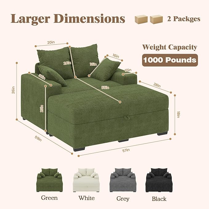 Indoor Chaise Lounge Chair with Storage Ottoman, Modern 60-Inch Lounge Sofa Chair with Wide Armrests & 4 Pillows, Oversized Comfy Reading Lounger for Living Room, Bedroom（Medium-Rib Corduroy Green）