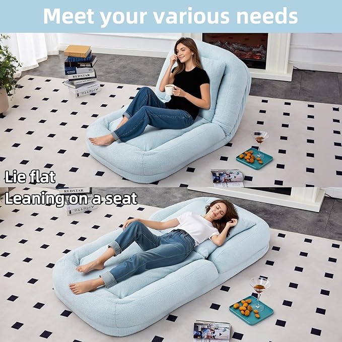 Versatile Light Blue Folding Sofa Chair with 5 Adjustable Positions - Perfect Plush Floor Lounge Chair for Gaming & Relaxation