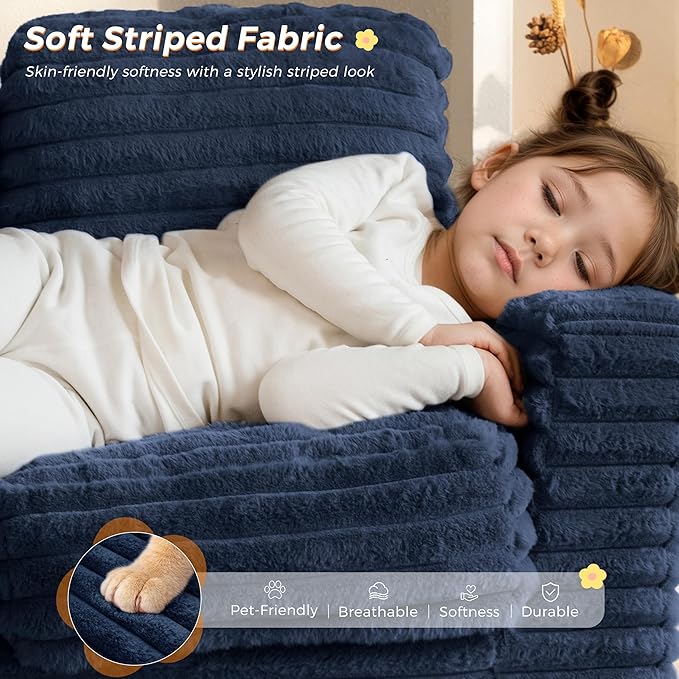 MAXYOYO Extra Wide Kids Bean Bag Chair, Comfy Faux Fur Bean Bag Sofa with Filler, Upholstered Floor Sofa with Pillows and Armrests, Lazy Floor Chair Couch for Boys and Girls, Navy