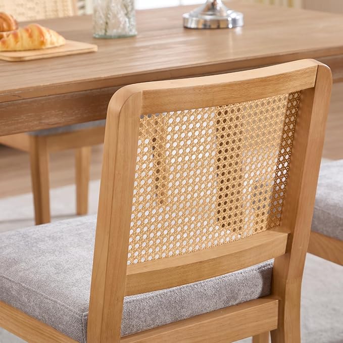 LukeAlon Set of 4 Mid Century Dining Chairs - Farmhouse Style with Woven Cane Back, Plush Chenille Upholstered Seats, Solid Wood Legs, Comfortable Kitchen & Dining Room Chairs, Grey