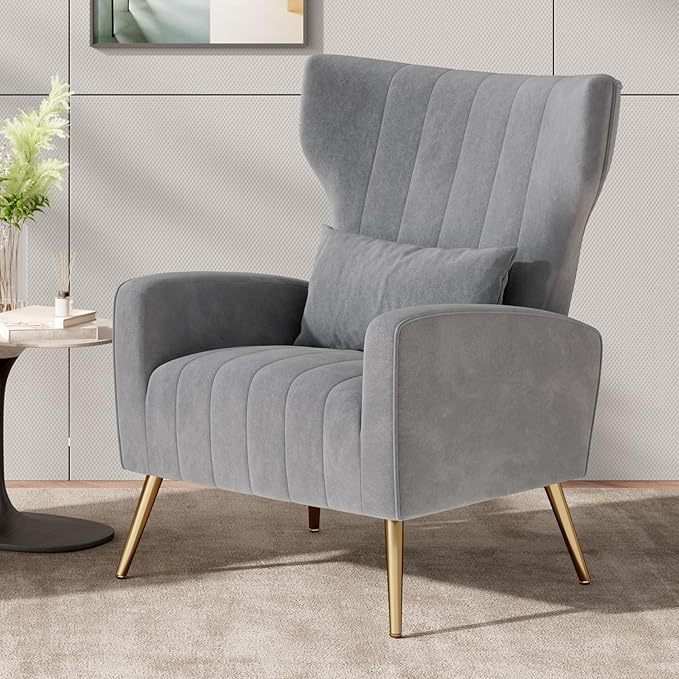 Nalupatio Modern Accent Chairs for Living Room Chairs Upholstered Velvet Fabric Reading Chair Mid Century Arm Chair Comfy Armchair,Grey