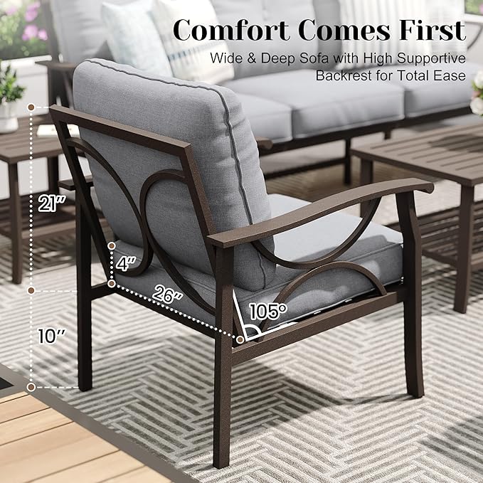 FansaFurn 7-Pieces Outdoor Patio Furniture Set, Outdoor Metal Sectional Furniture with Cushions, Outdoor Conversation Seating Set with Coffee Table for Garden, Balcony, Deck, Backyard, Grey