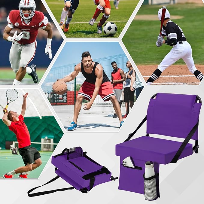 2pcs Stadium Seat for Bleachers with Back Support，Portable Bleacher Chairs with Back and Cushion，Includes Shoulder Strap and Cup Holder