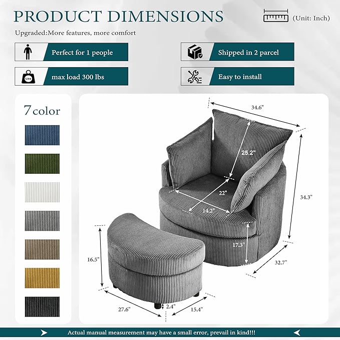 Chorlenimi Swivel Accent Chair Round Barrel Armchair Upholstered Living Room Chair Corduroy Reading Chair Single Sofa Chair for Bedroom Apartment Office (Grey, Upgrade 1Seater+ Ottoman)