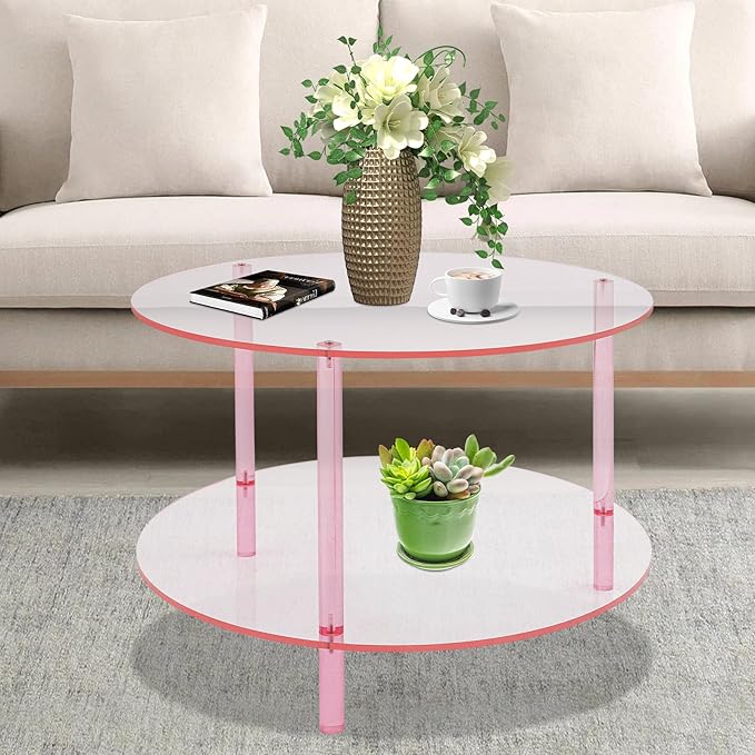 Xuthusman Modern Coffee Table，Acrylic Coffee Table 2-Tier Center Desk with Storage Minimalist Accent Desk Stylish Nightstand for Living Room Sofa Dorm Office（Pink）