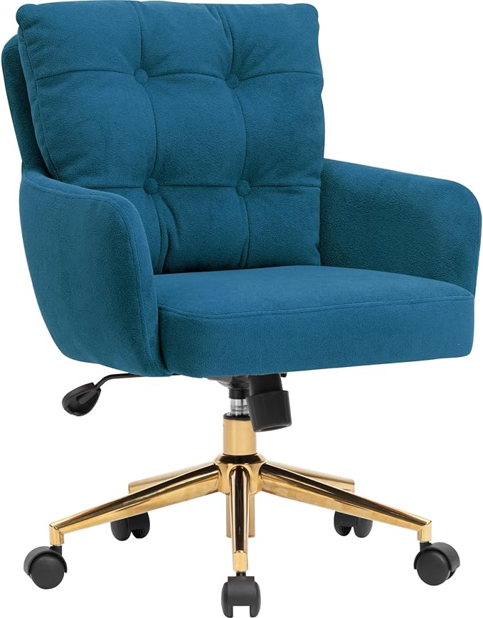 BALIAA Flannel Office Chair, Comfy Home Office Desk Chairs with Lumbar Support, Modern Velvet Desk Chair Gold Legs Small Swivel Task Chair for Home Office, Bedroom, Study (Blue, L)