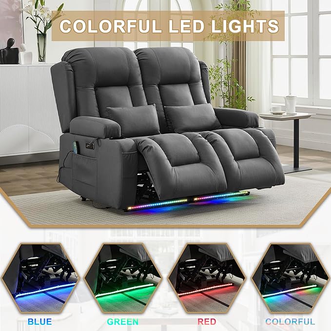 URRED Loveseat Recliner Sofa with Massage and Heat, Power Reclining Loveseat Sofa RV Couch Home Theater Seating with LED Lights, Cup Holders, Side Pockets, USB, Pillows, Leathaire Gray