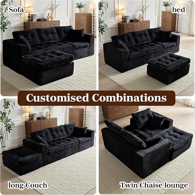 Cloud Couches for Living Room, Modern Modular Sectional Sofa with L-Shape Chaise, Boneless Couch with Deep Seat, Plush Corduroy, No Assembly Required (Black)
